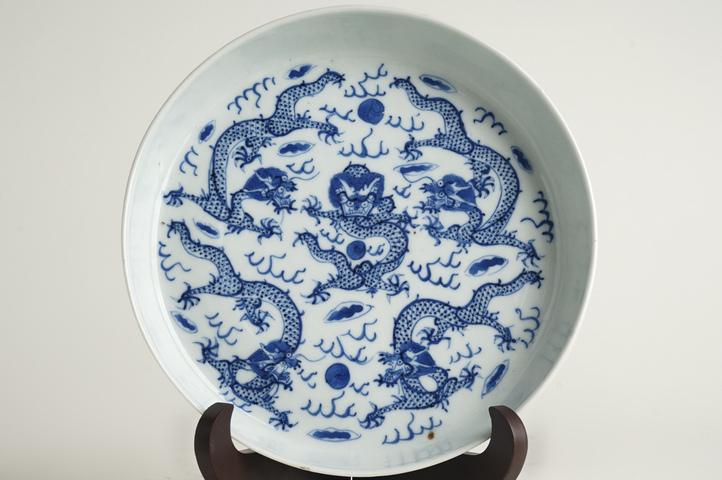 古玩陶瓷清晚期·青花五龍鬧海紋鏜鑼洗真品鑒賞圖