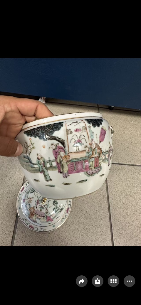 古玩陶瓷人物紋粉彩四系粥罐真品鑒賞圖