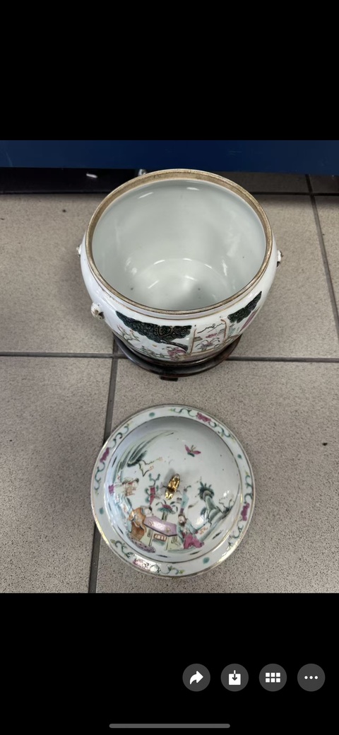 古玩陶瓷人物紋粉彩四系粥罐真品鑒賞圖