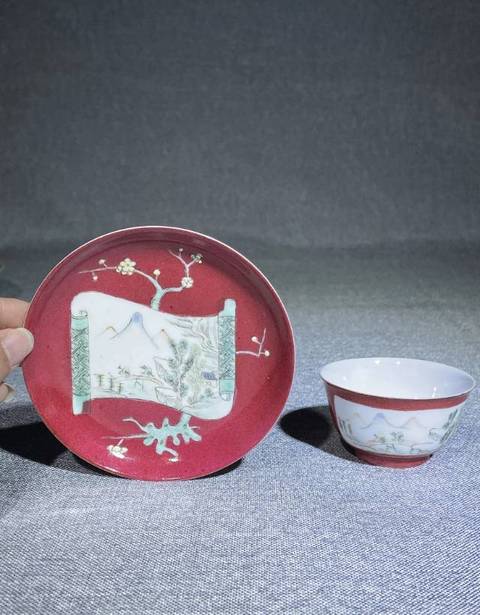 古玩陶瓷胭脂紅開光青綠山水彩山水紋杯盤真品鑒賞圖