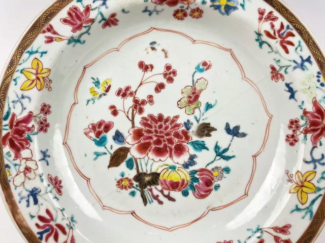 古玩陶瓷清雍正·粉彩三多花卉折沿盤拍賣，當前價格319元