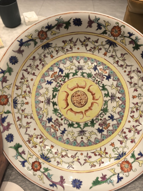 古玩陶瓷福壽紋粉彩雙圈足盤真品鑒賞圖