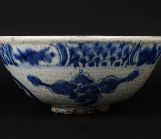 古玩陶瓷日本江戶哥釉青花龍紋碗真品鑒賞圖