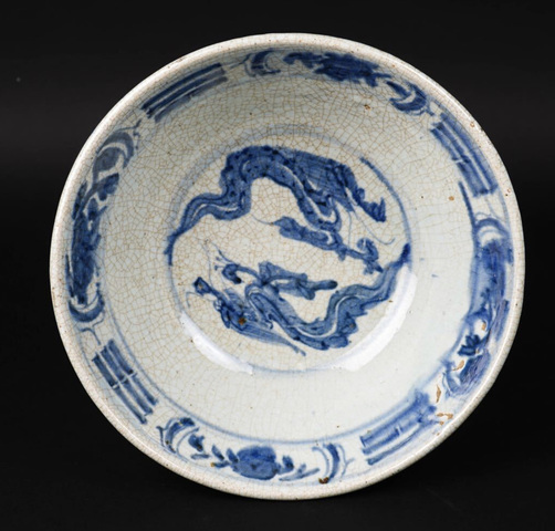 古玩陶瓷日本江戶哥釉青花龍紋碗真品鑒賞圖