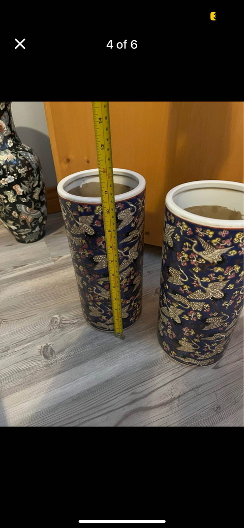 古玩陶瓷藍(lán)地粉彩云鶴紋帽筒真品鑒賞圖