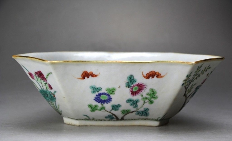 古玩陶瓷福在眼前花卉紋粉彩角碗真品鑒賞圖