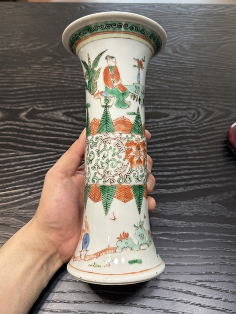 古玩陶瓷【實(shí)物保真】民國·五彩三娘教子?jì)霊驁D花觚拍賣,當(dāng)前價(jià)格1850元