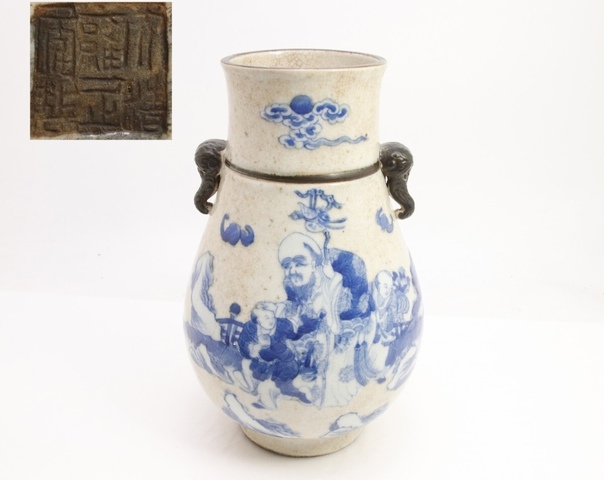 古玩陶瓷哥釉青花人物故事象耳尊真品鑒賞圖