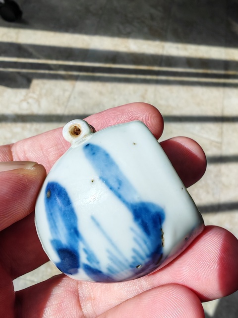 古玩陶瓷山水紋青花鳥食罐真品鑒賞圖