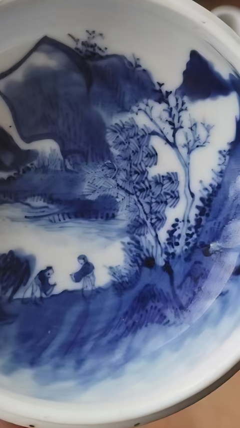 古玩陶瓷人物山水紋青花洗真品鑒賞圖