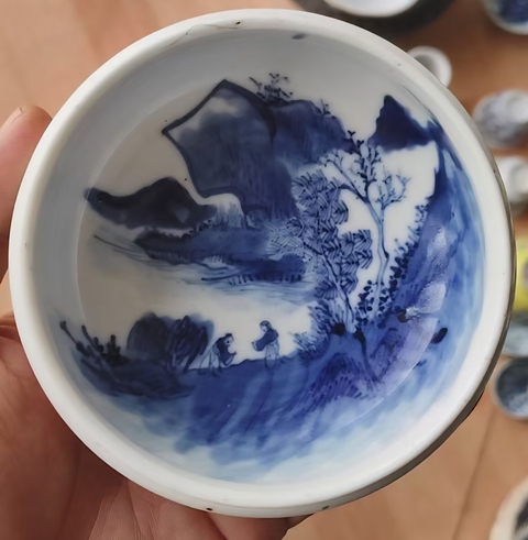 古玩陶瓷人物山水紋青花洗真品鑒賞圖