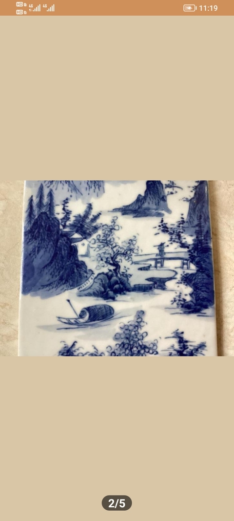 古玩陶瓷山水紋青花瓷板畫真品鑒賞圖