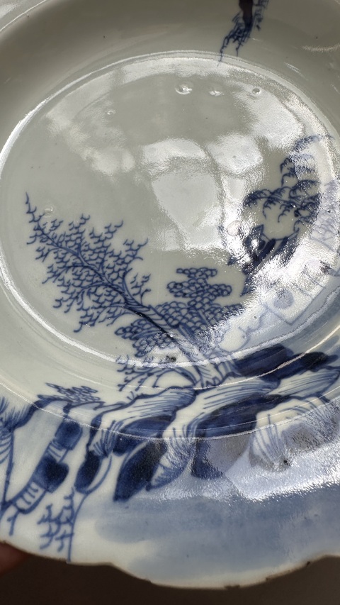 古玩陶瓷青花山水人物花口盤真品鑒賞圖