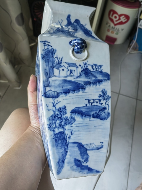 古玩陶瓷青花山水人物通景山水四方瓶真品鑒賞圖