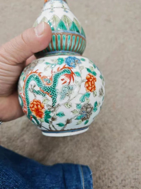 古玩陶瓷五彩雙龍戲珠紋葫蘆瓶拍賣,當前價格6800元