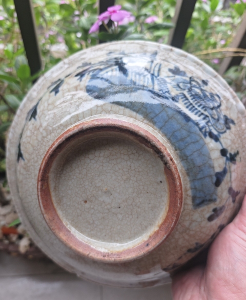 古玩陶瓷清中期哥釉青花折沿碗真品鑒賞圖