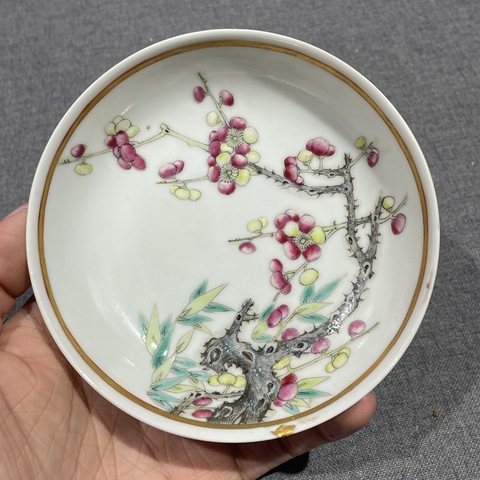 古玩陶瓷清光緒 粉彩梅竹雙清三寸盤真品鑒賞圖