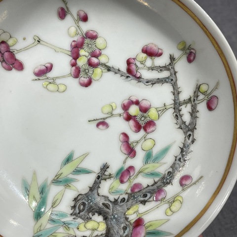 古玩陶瓷清光緒 粉彩梅竹雙清三寸盤真品鑒賞圖
