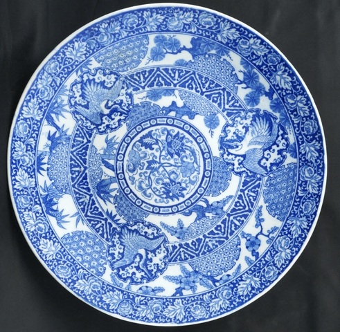 古玩陶瓷青花葡萄仙鶴紋大盤真品鑒賞圖