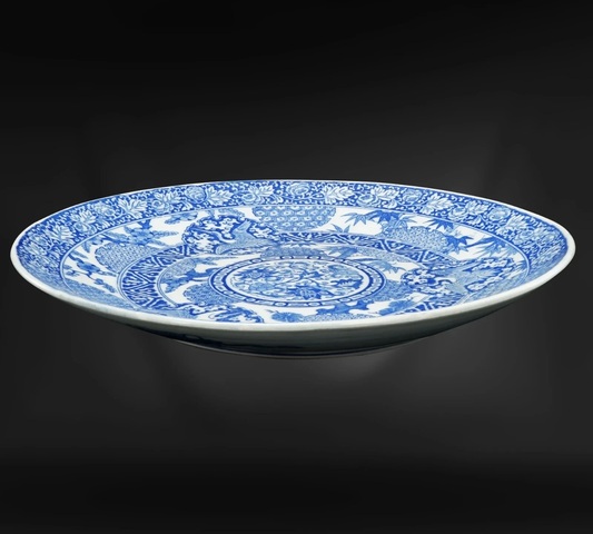 古玩陶瓷青花葡萄仙鶴紋大盤真品鑒賞圖