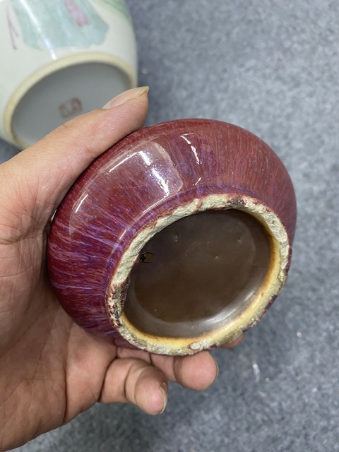 古玩陶瓷紅釉窯變水盂真品鑒賞圖