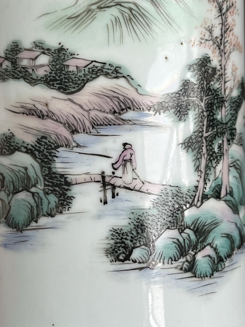 古玩陶瓷民國粉彩山水人物紋筆筒真品鑒賞圖