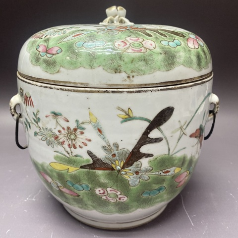 古玩陶瓷清晚期·梅花花鳥·粉彩四系粥罐拍賣，當前價格4260元