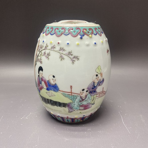 古玩陶瓷三娘教子圖粉彩鼓釘蓋罐真品鑒賞圖