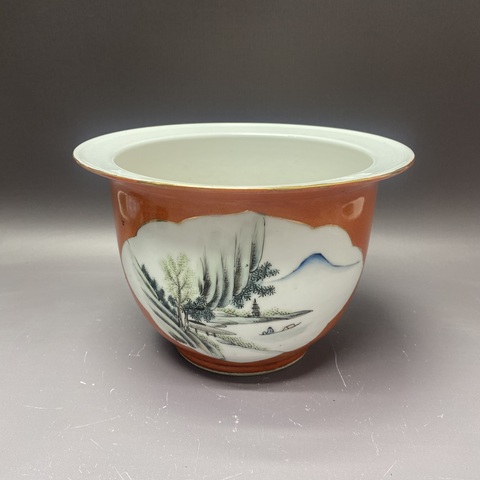 古玩陶瓷珊瑚紅釉描金開光青綠山水彩山水紋花盆真品鑒賞圖