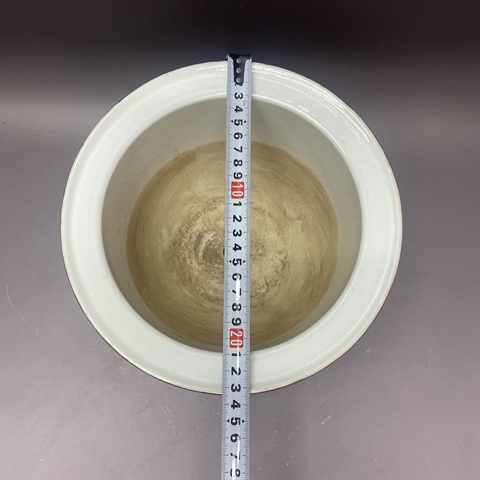 古玩陶瓷珊瑚紅釉描金開光青綠山水彩山水紋花盆真品鑒賞圖