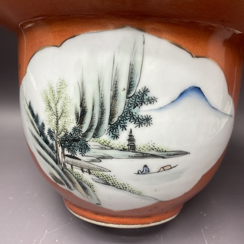 古玩陶瓷珊瑚紅釉描金開光青綠山水彩山水紋花盆真品鑒賞圖