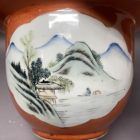 古玩陶瓷珊瑚紅釉描金開光青綠山水彩山水紋花盆真品鑒賞圖