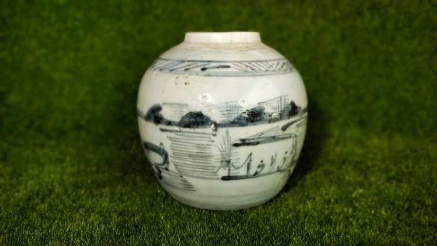 古玩陶瓷清中期·青花山水紋罐真品鑒賞圖