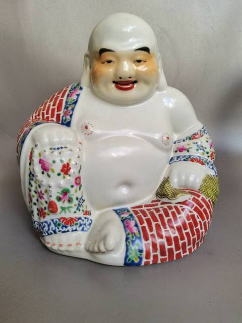 古玩陶瓷民國粉彩彌勒佛塑像真品鑒賞圖