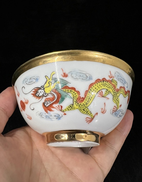 古玩陶瓷民國龍鳳紋粉彩描金茶圓拍賣，當(dāng)前價格258元