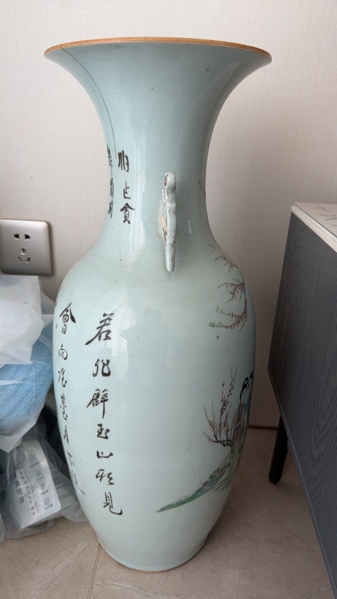 古玩陶瓷民國時期粉彩仕女故事圖詩文雙耳大瓶真品鑒賞圖