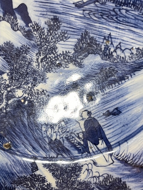 古玩陶瓷人物山水紋青花凈手盆真品鑒賞圖