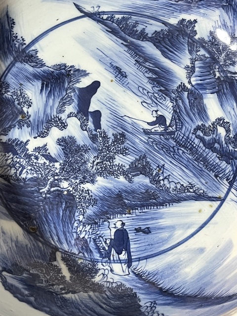 古玩陶瓷人物山水紋青花凈手盆真品鑒賞圖