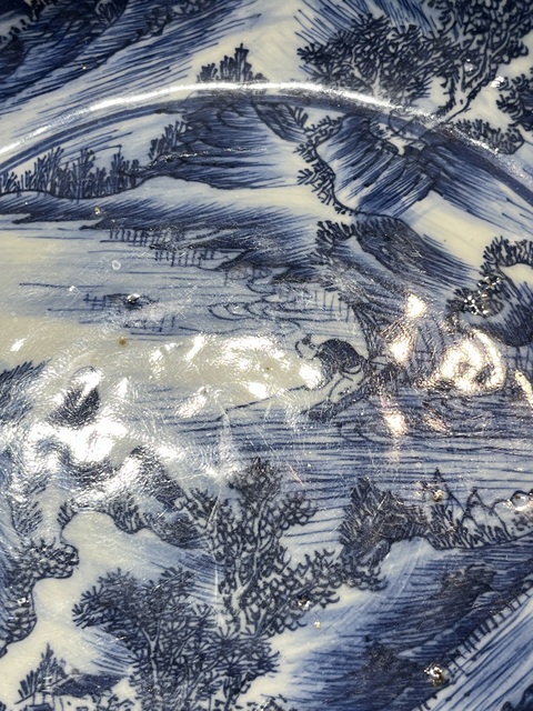 古玩陶瓷人物山水紋青花凈手盆真品鑒賞圖