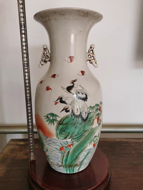 古玩陶瓷福山壽海雙松葉耳撇口瓶真品鑒賞圖