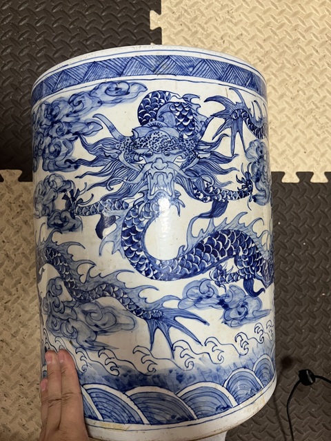 古玩陶瓷90年代及以后青花云龍趕珠紋經筒真品鑒賞圖