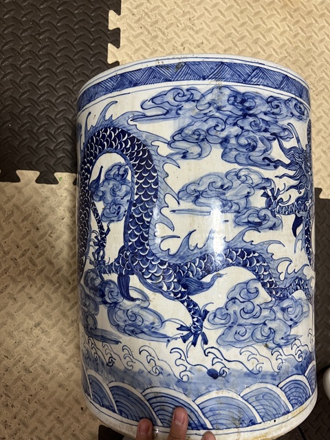 古玩陶瓷90年代及以后青花云龍趕珠紋經筒真品鑒賞圖