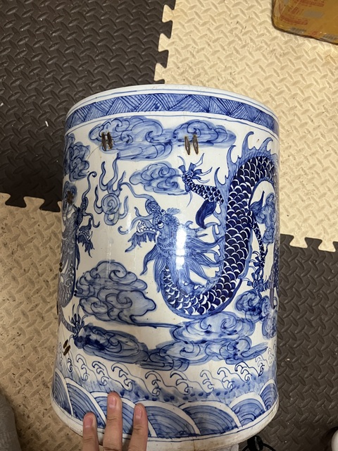 古玩陶瓷90年代及以后青花云龍趕珠紋經筒真品鑒賞圖