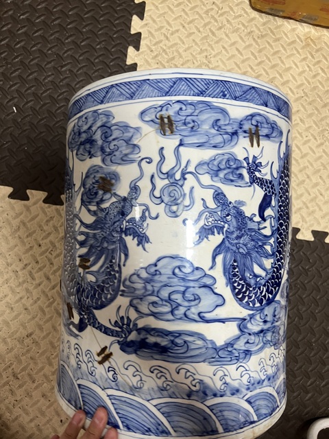 古玩陶瓷90年代及以后青花云龍趕珠紋經筒真品鑒賞圖
