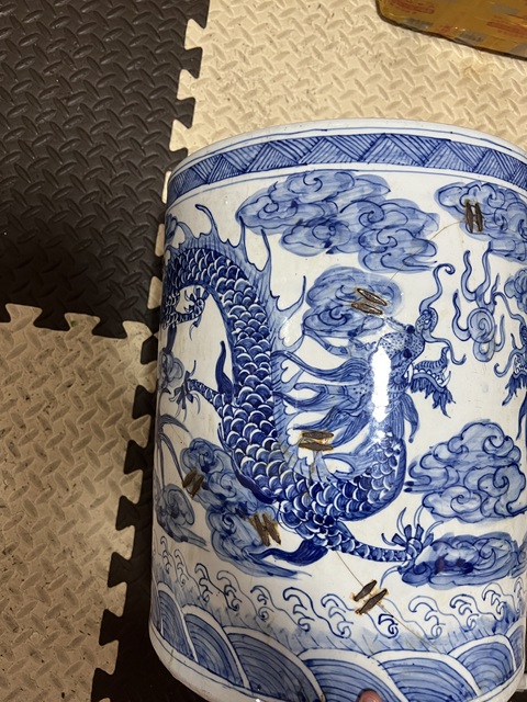 古玩陶瓷90年代及以后青花云龍趕珠紋經筒真品鑒賞圖