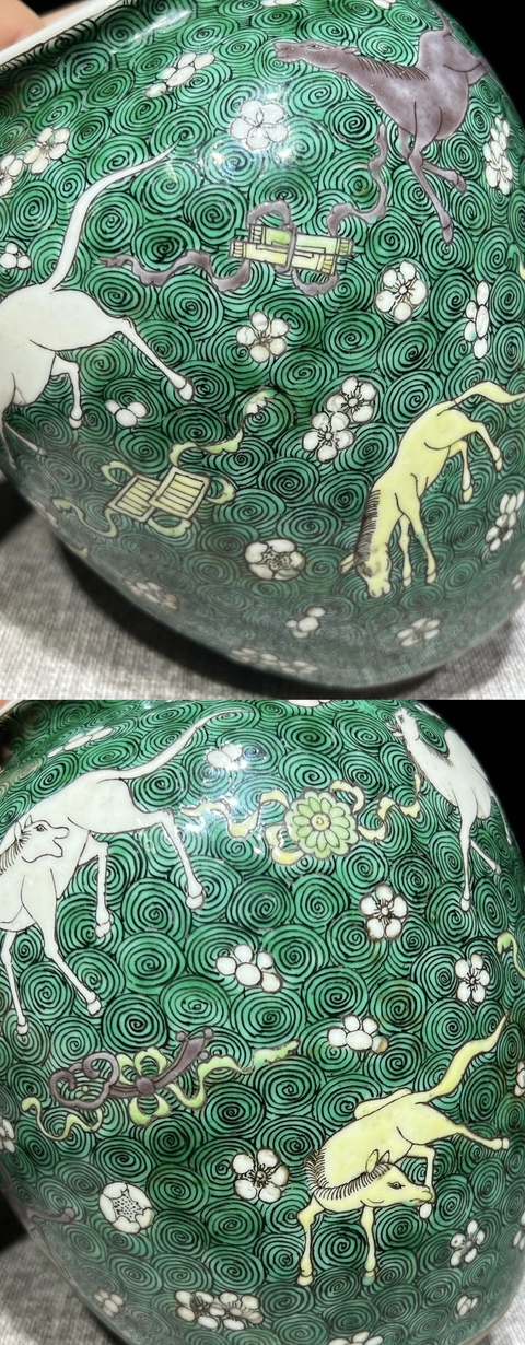 古玩陶瓷素三彩落花流水飛馬紋太白罐真品鑒賞圖