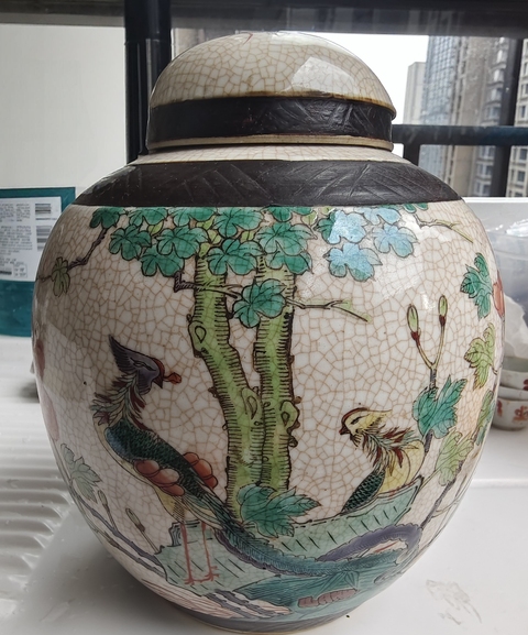 古玩陶瓷民國(guó)哥釉五彩蓋罐真品鑒賞圖