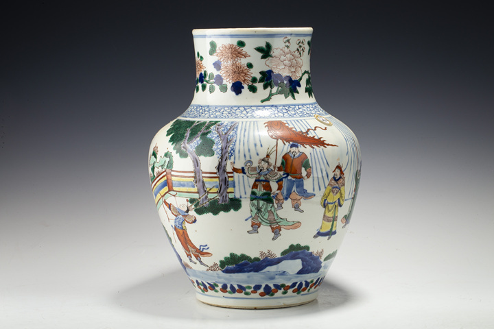 古玩陶瓷清晚·青花五彩三國轅門射戟故事圖尊拍賣，當前價格12096元