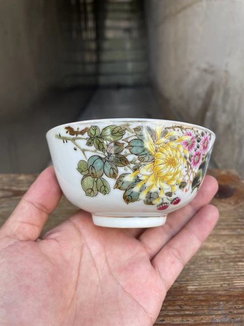 古玩陶瓷粉彩花鳥紋碗真品鑒賞圖