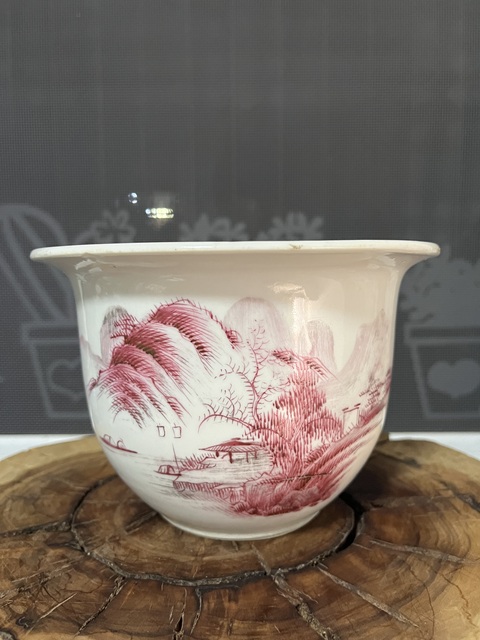 古玩陶瓷胭脂紅山水人物花盆拍賣,當前價格2500元